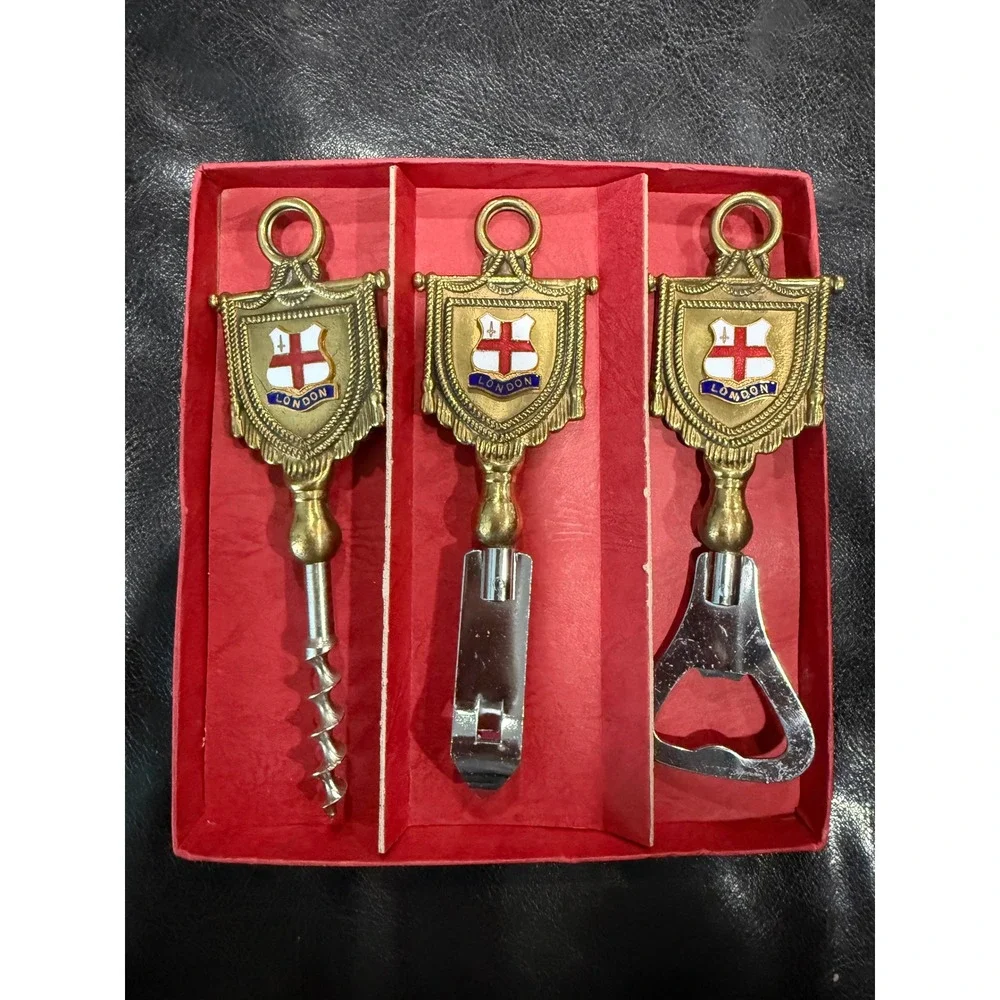 London Souvenir‎ Corkscrew Bottle Opener Set Vintage Brass Heraldic Crest